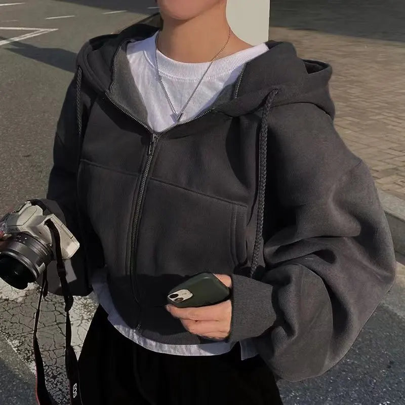 2025 Spring Autumn New Insfleece-lined Versatile Cropped Slims Smooths Silhouette Zip-up Warm Navy Blue Hooded Sweatshirt Women