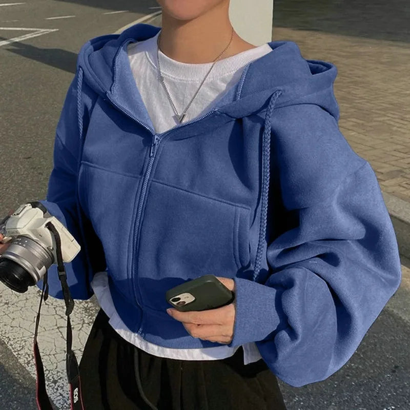 2025 Spring Autumn New Insfleece-lined Versatile Cropped Slims Smooths Silhouette Zip-up Warm Navy Blue Hooded Sweatshirt Women