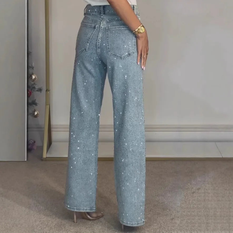 Straight Jeans for Women Diamonds Pants Stretch High Waist Washed Distressed Pockets Vintage Denims Streetwear Female Trousers