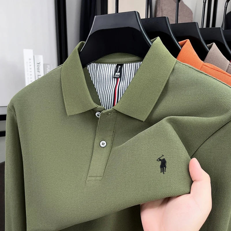 2025 men's long sleeved 100% pure cotton high-end brand POLO shirt autumn fashion hot selling pony embroidery casual T-shirt