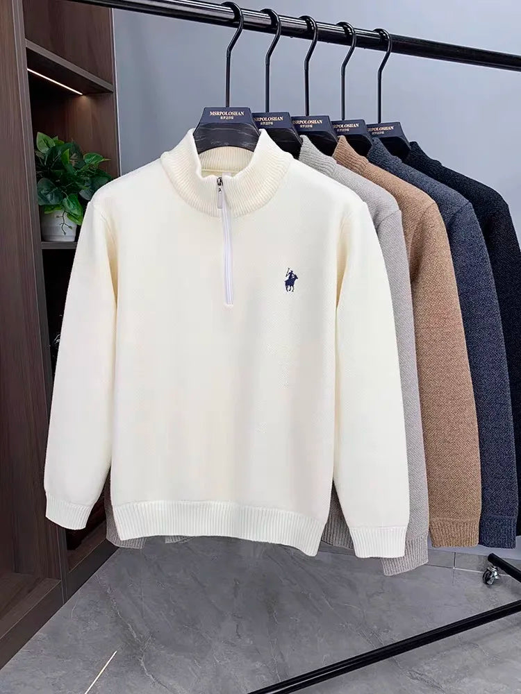 High quality half zip collar sweater men's fashion designer brand horse riding embroidery winter with plush warm knit pullover