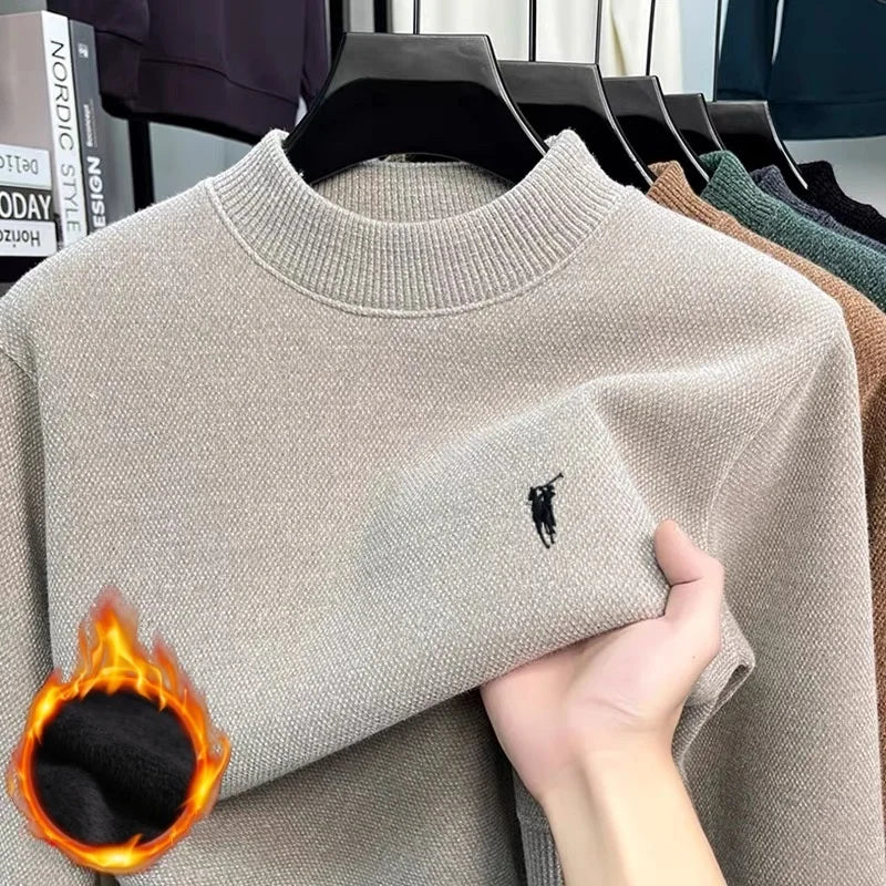 High quality autumn and winter fashion new velvet warm knitted sweater men's brand pony exquisite embroidered pullover sweater