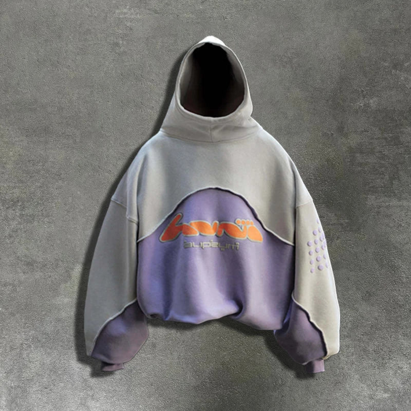 Trendy Streetwear Colorblocked Patchwork Hoodie Letter Foil Print Casual Sweatshirt for Men