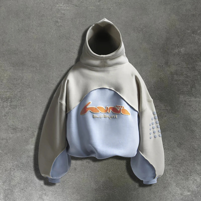 Trendy Streetwear Colorblocked Patchwork Hoodie Letter Foil Print Casual Sweatshirt for Men