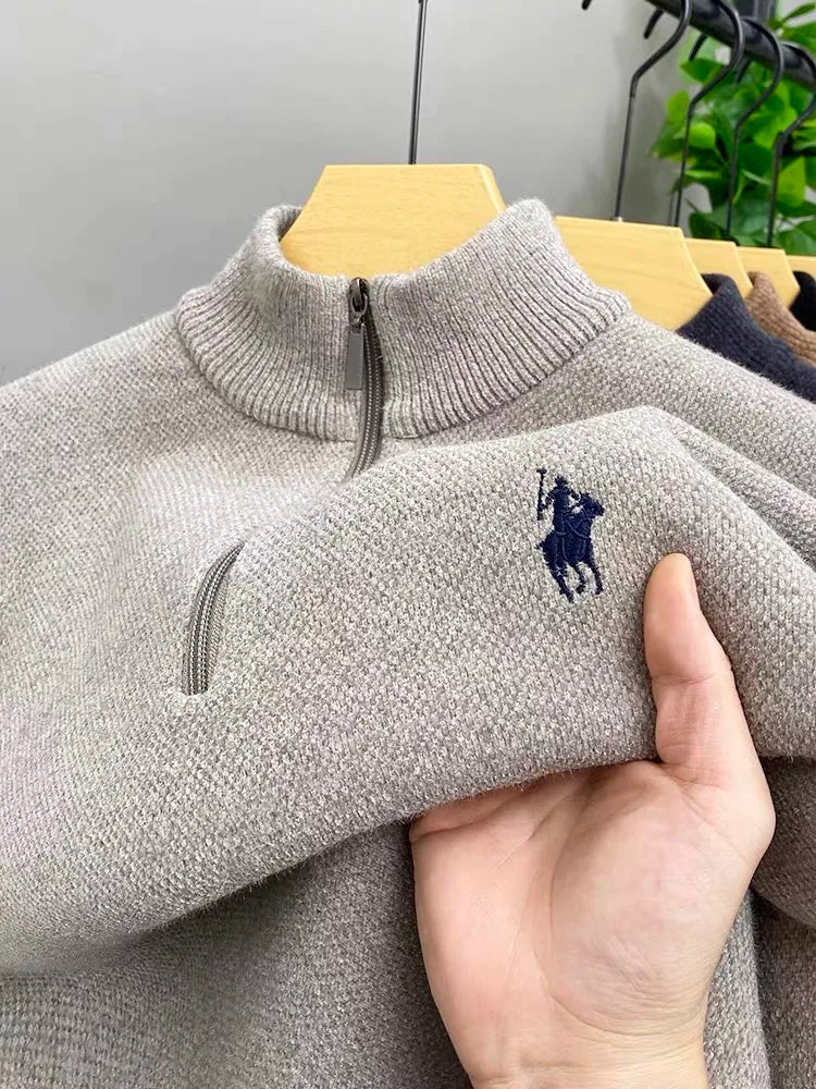 High quality half zip collar sweater men's fashion designer brand horse riding embroidery winter with plush warm knit pullover