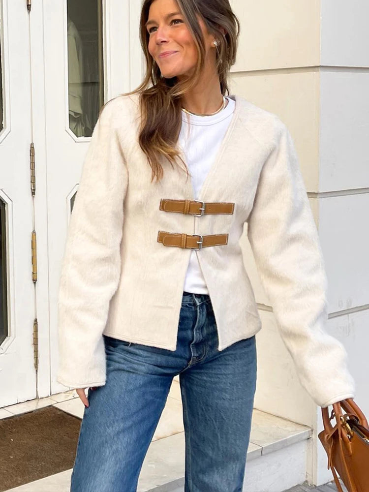 HH 2024 Woman Woolen Leather Buckle Woolen Jacket Female Elegant Long Sleeve Single Breasted Coat Lady Spring Sweater