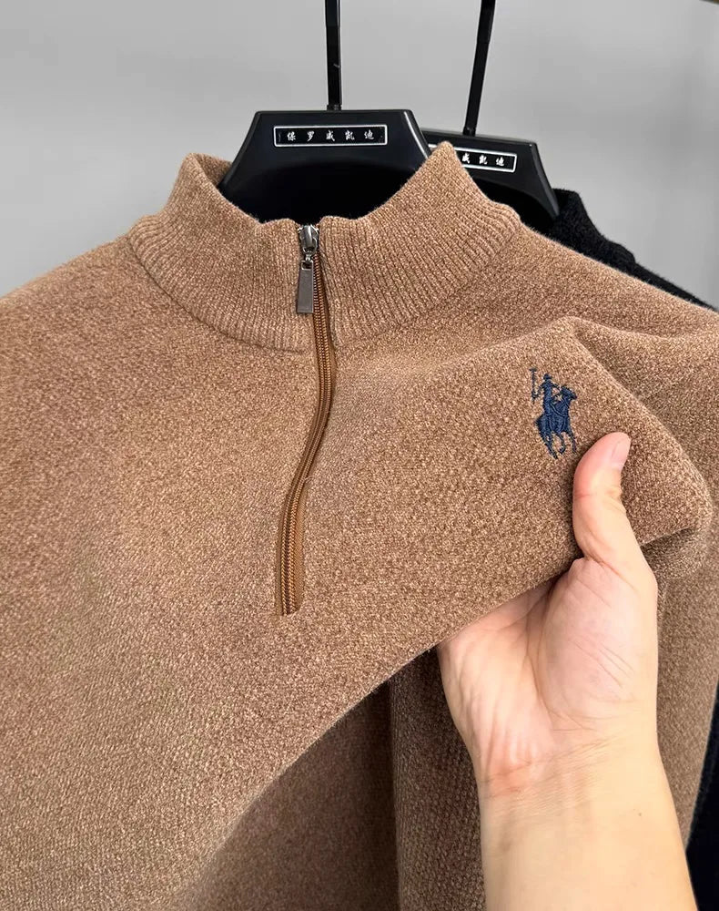High quality half zip collar sweater men's fashion designer brand horse riding embroidery winter with plush warm knit pullover