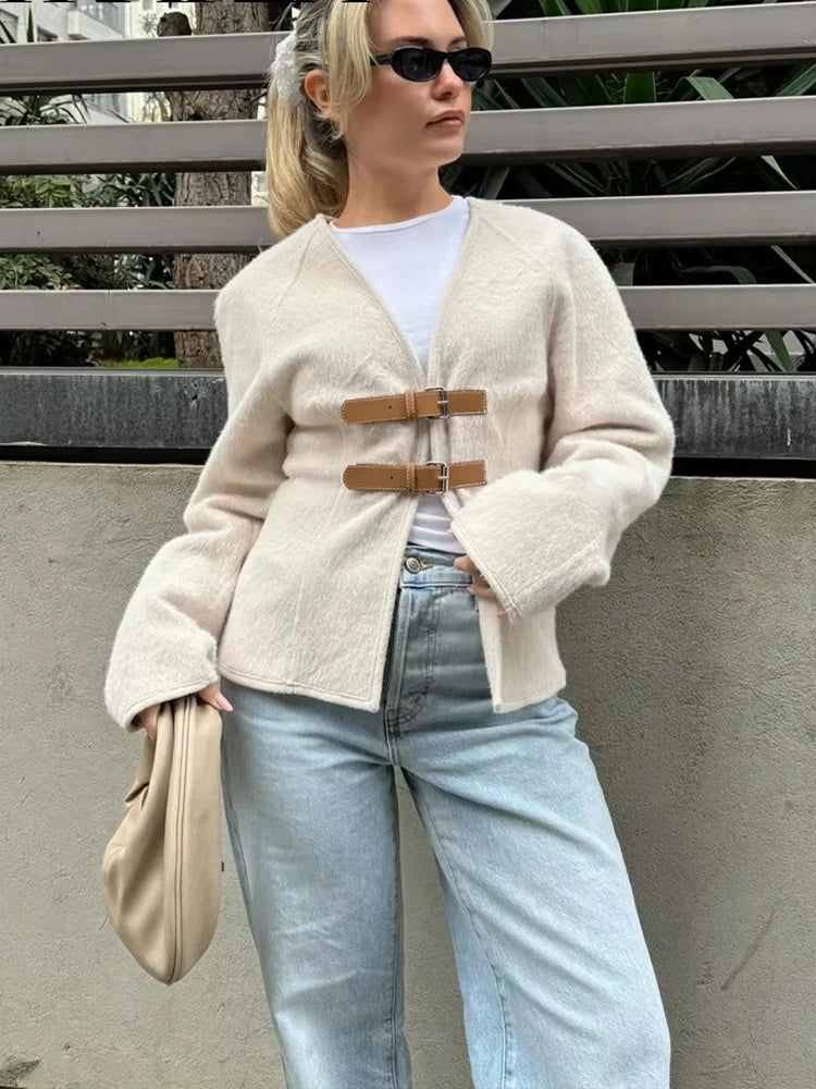 HH 2024 Woman Woolen Leather Buckle Woolen Jacket Female Elegant Long Sleeve Single Breasted Coat Lady Spring Sweater