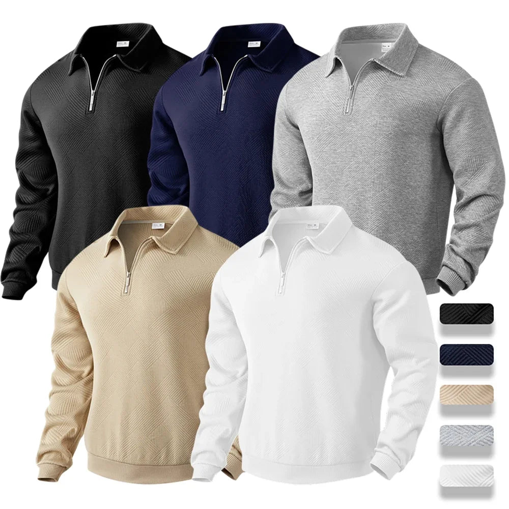 Men's Autumn Casual Sweatshirt Quarter Zip Solid Color Long Sleeve Pullover Turtleneck Outdoor Daily Polo Top for Males