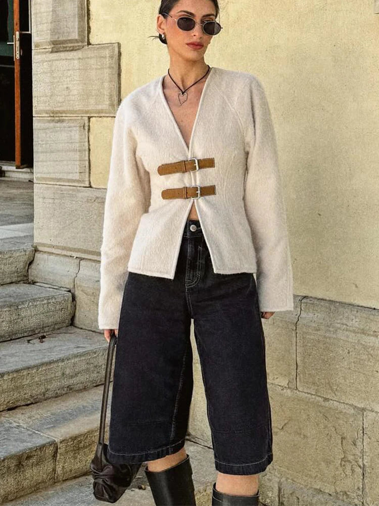 HH 2024 Woman Woolen Leather Buckle Woolen Jacket Female Elegant Long Sleeve Single Breasted Coat Lady Spring Sweater