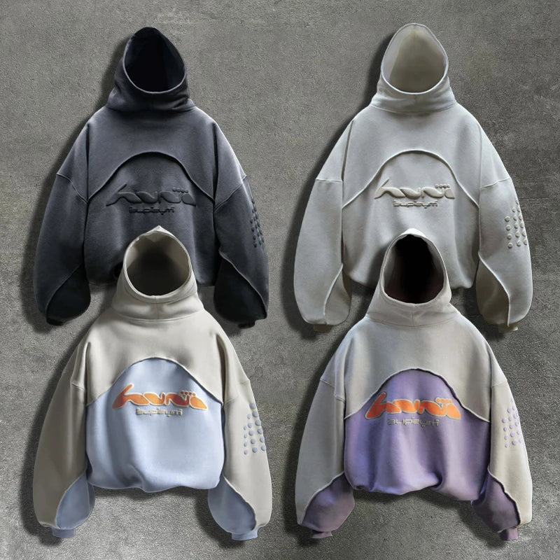 Trendy Streetwear Colorblocked Patchwork Hoodie Letter Foil Print Casual Sweatshirt for Men