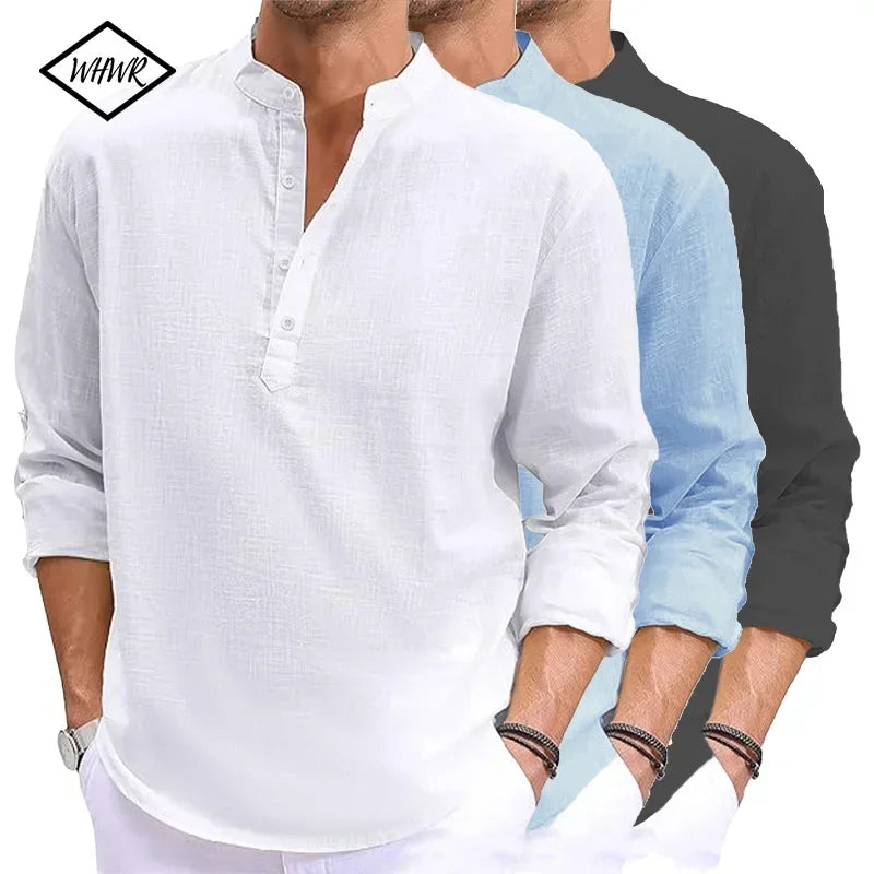 New Men's Linen Long Sleeve TShirt Cotton Mens Shirts Designer Lightweight Streetwear Solid Color Loose Casual Breathable Shirt