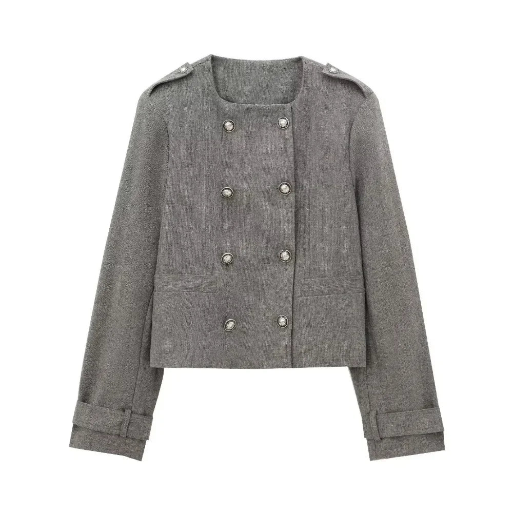 Women Loose Blazer Mini Skirt Suit O-neck Long Sleeve Double Breasted Jacket High Waist A-line Pleated Skirt Summer New Set