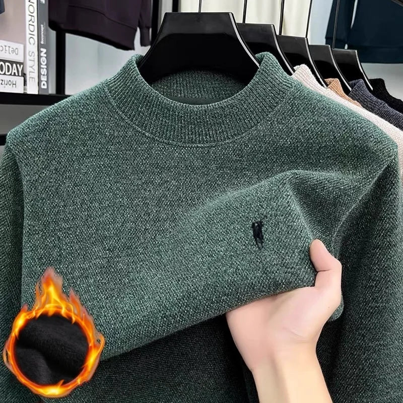 High quality autumn and winter fashion new velvet warm knitted sweater men's brand pony exquisite embroidered pullover sweater