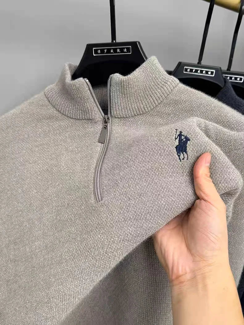 High quality half zip collar sweater men's fashion designer brand horse riding embroidery winter with plush warm knit pullover