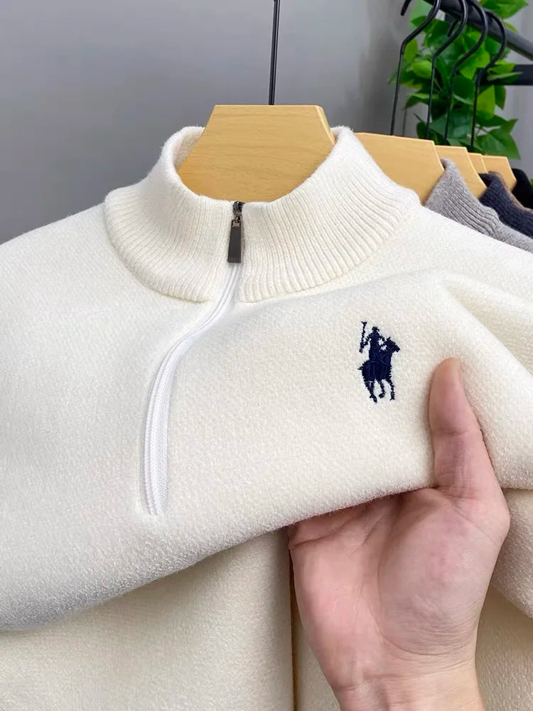 High quality half zip collar sweater men's fashion designer brand horse riding embroidery winter with plush warm knit pullover
