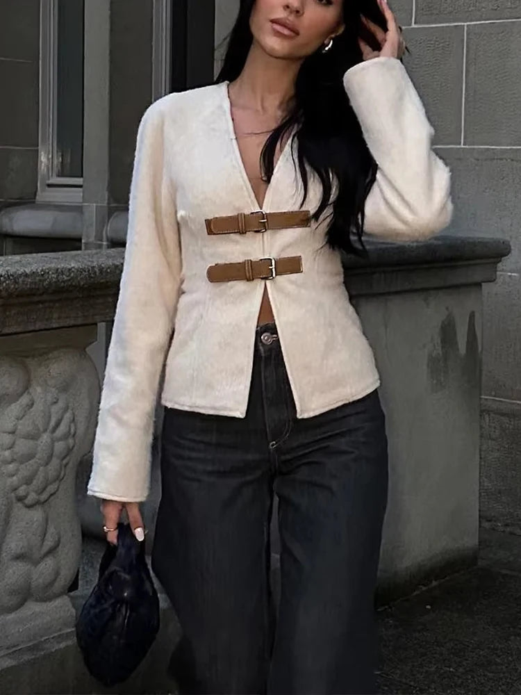 HH 2024 Woman Woolen Leather Buckle Woolen Jacket Female Elegant Long Sleeve Single Breasted Coat Lady Spring Sweater