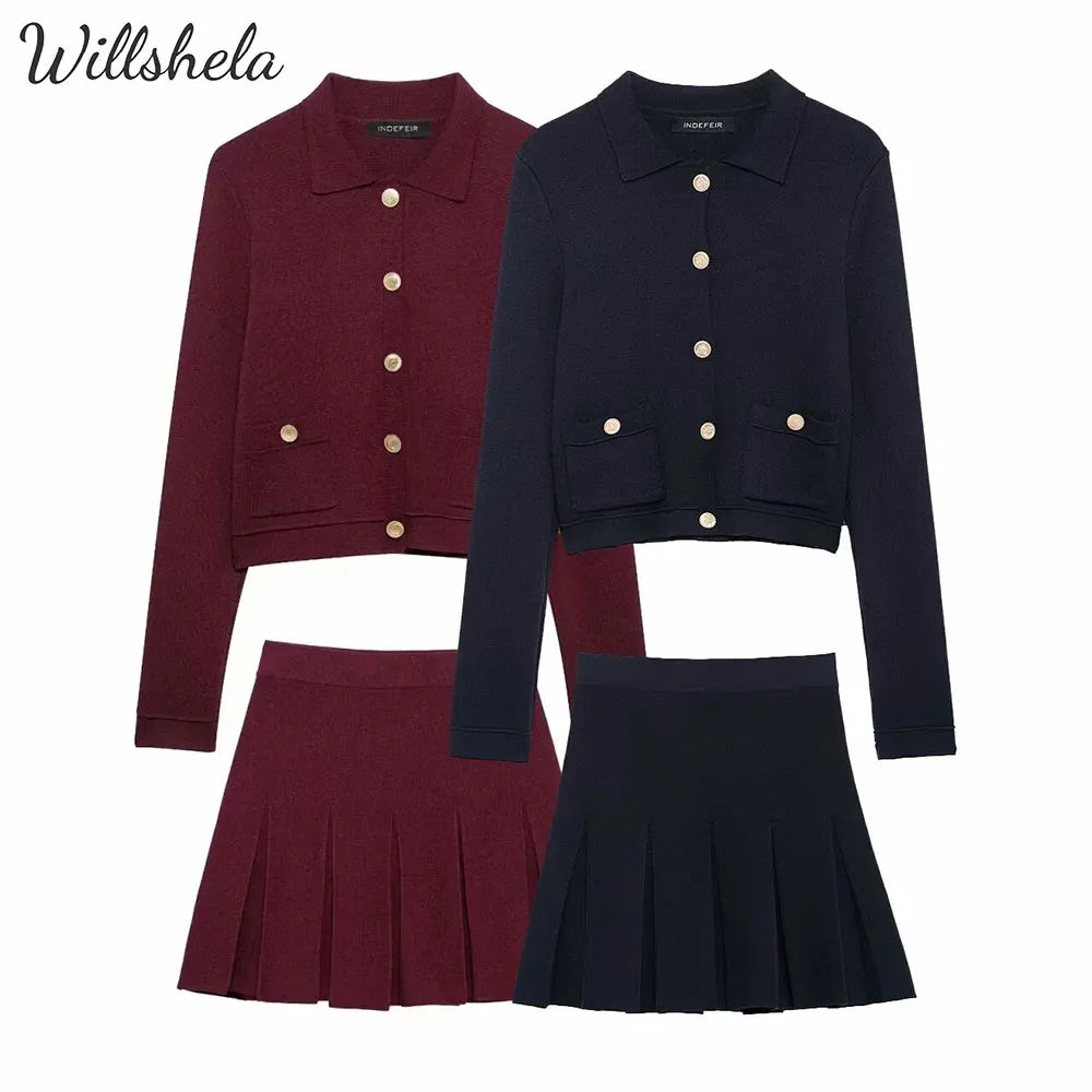 Willshela Women Knitted 2 Pieces Sets Cardigan Jacket and  Wide Pleated A-Line Skirt Female Chic Office Lady Mujer Coordinates