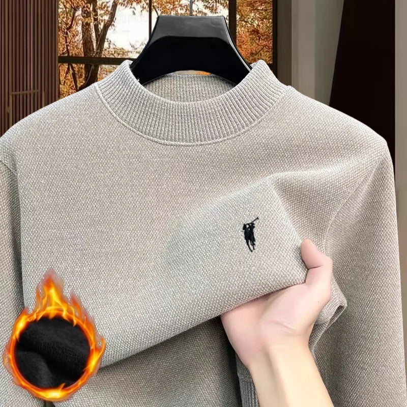 High quality autumn and winter fashion new velvet warm knitted sweater men's brand pony exquisite embroidered pullover sweater