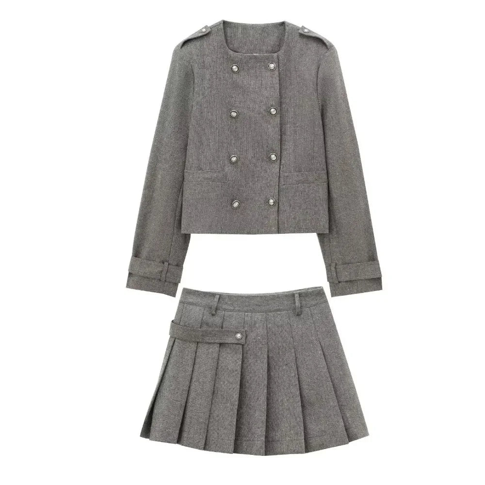 Women Loose Blazer Mini Skirt Suit O-neck Long Sleeve Double Breasted Jacket High Waist A-line Pleated Skirt Summer New Set