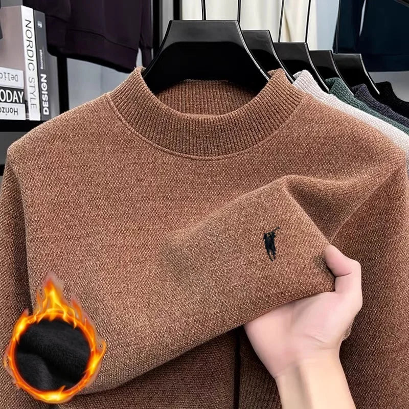 High quality autumn and winter fashion new velvet warm knitted sweater men's brand pony exquisite embroidered pullover sweater