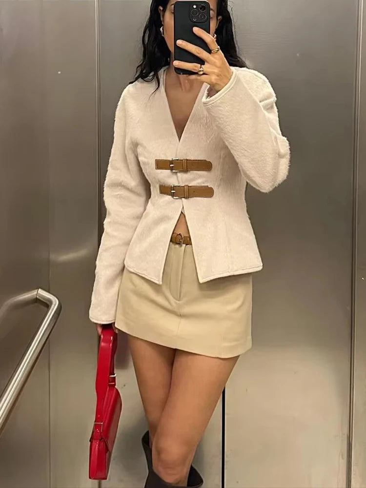 HH 2024 Woman Woolen Leather Buckle Woolen Jacket Female Elegant Long Sleeve Single Breasted Coat Lady Spring Sweater