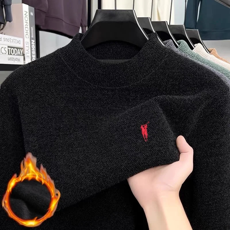 High quality autumn and winter fashion new velvet warm knitted sweater men's brand pony exquisite embroidered pullover sweater