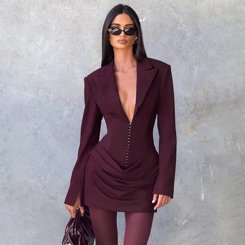 2025 New Autumn Winter Mini Dresses Fashion Women Long Sleeve Deep V-Neck Sexy Ruched Bodycon Evening Party Club Blazer Vestidos