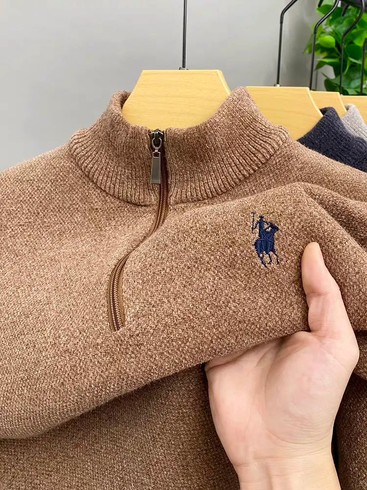 High quality half zip collar sweater men's fashion designer brand horse riding embroidery winter with plush warm knit pullover