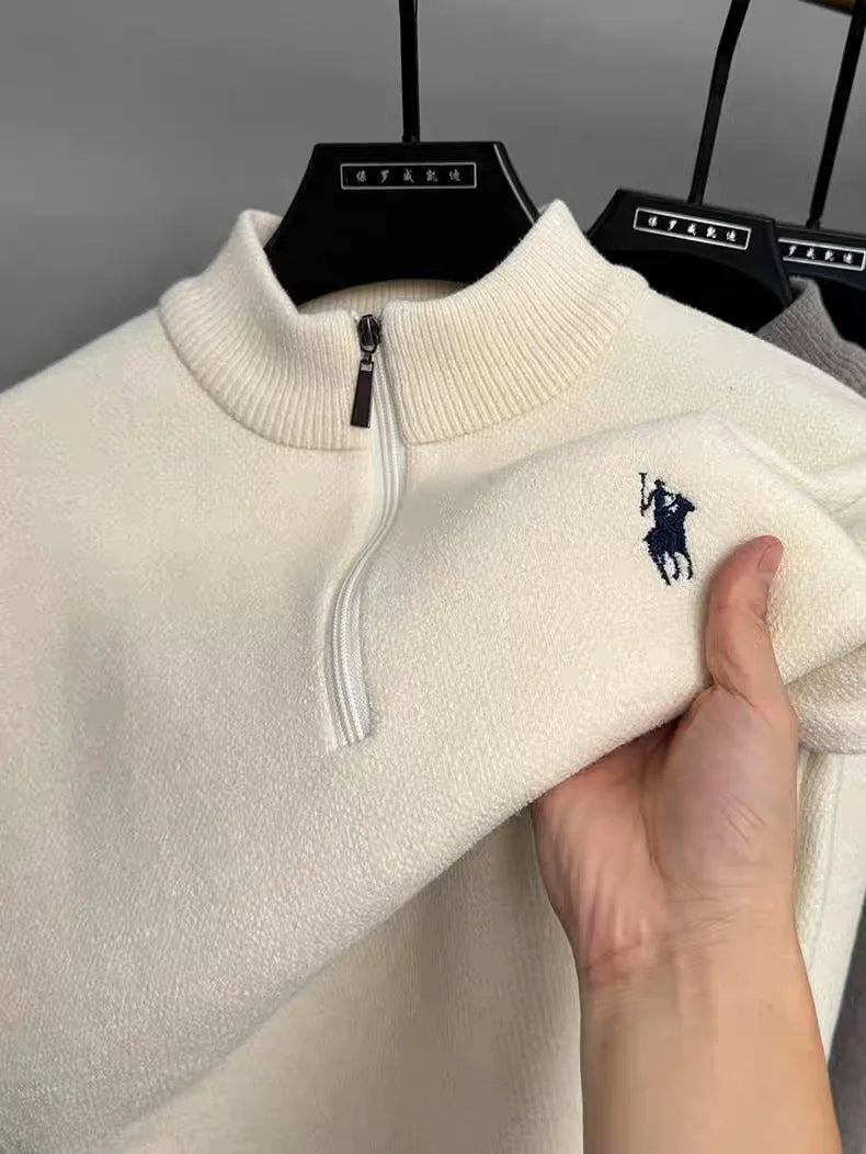 High quality half zip collar sweater men's fashion designer brand horse riding embroidery winter with plush warm knit pullover