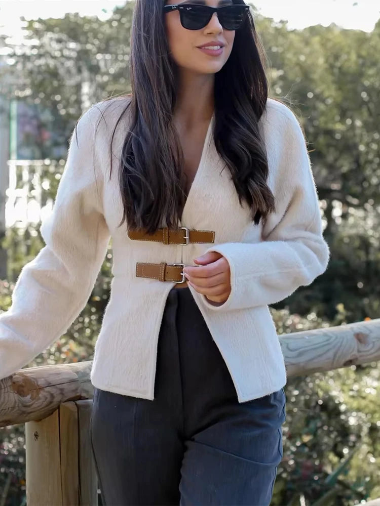 HH 2024 Woman Woolen Leather Buckle Woolen Jacket Female Elegant Long Sleeve Single Breasted Coat Lady Spring Sweater